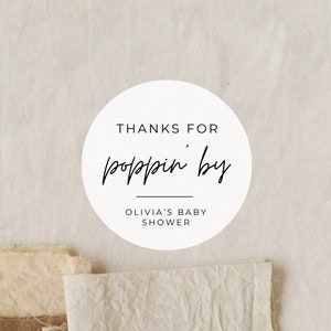 Modern Thanks For Poppin By Baby Shower Labels | Celebrating Baby | Thank You Sticker | Baby Shower Favors Sticker