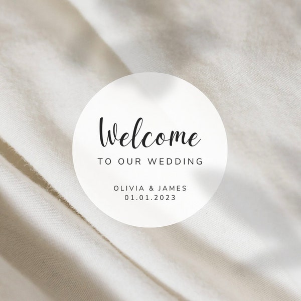 Welcome To The Wedding of Labels | Round White Matte Stickers | Hotel Bag Snack Bag Sweets Desserts Favors Stickers | Brushstroke Font