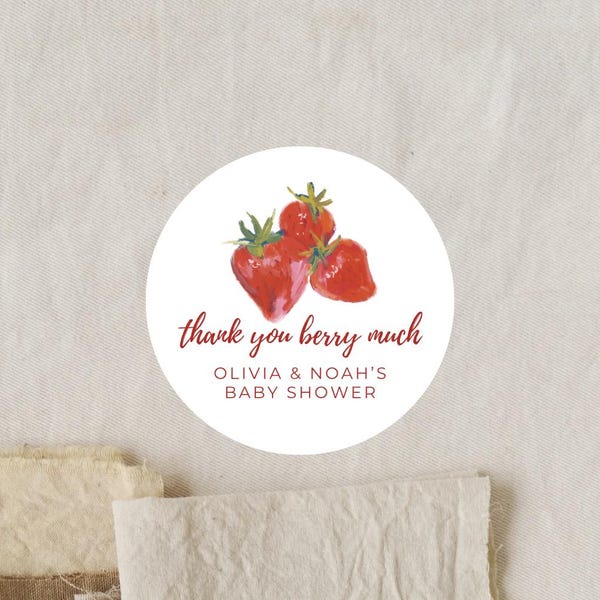 Thank You Berry Much Strawberry Labels | Baby Shower Favor | Berry Sweet | 2 Inch Matte White Stickers