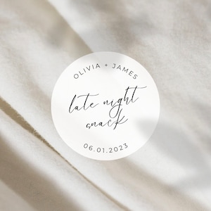 Late Night Snack Labels | Round White Matte Stickers | Wedding Snack Bag Sweets Desserts Favors Stickers