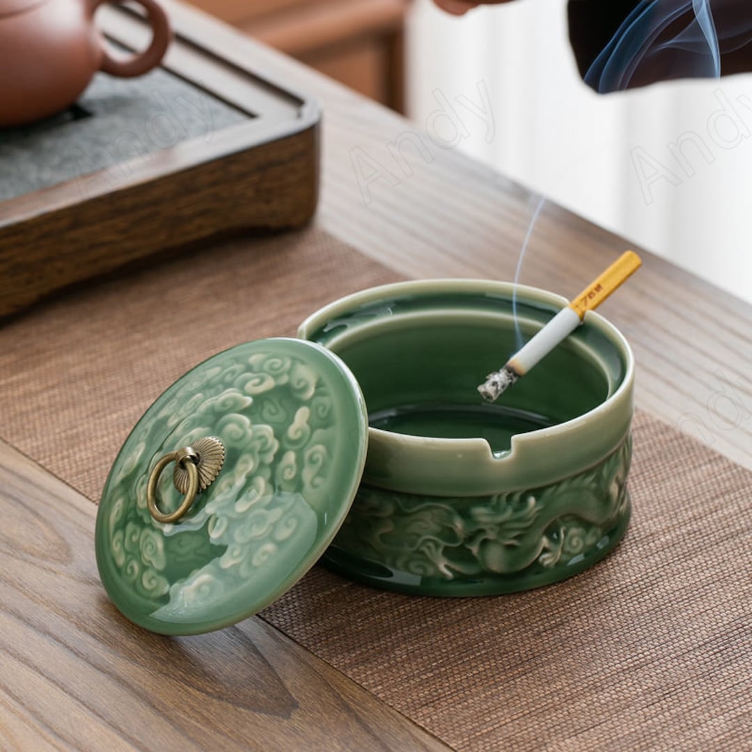 Unique Handmade Ceramic Ashtray With Lid Dragon Pattern Decorative