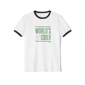 May include: White ringer t-shirt with black trim. The shirt displays the text "WORLD'S #0 CODER" in green and grey, with a green arrow pointing right. A casual tee, perfect for programmers and coders.
