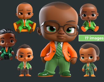 Afrocentric Black Boy Clipart Bundle, Green Orange Suit PNGs (Digital Download)