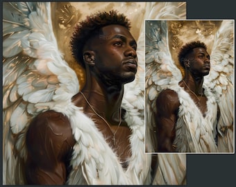 Retrato de ángel masculino negro, arte espiritual afroamericano (descarga digital PNG)