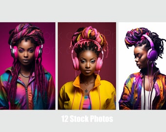 Black Woman with Locs Stock Photos, Headphone Art (Digital Download)