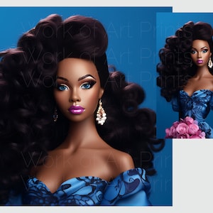 Black Fashion Doll Wall Art, Afro Glam Portrait Print, Melanin Beauty in Blue Dress, Curly Hair PNG, Digital Download for Salon or Home