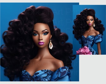 Black Fashion Doll Art Print, Afro Glam, Blue Dress (Digital Download)