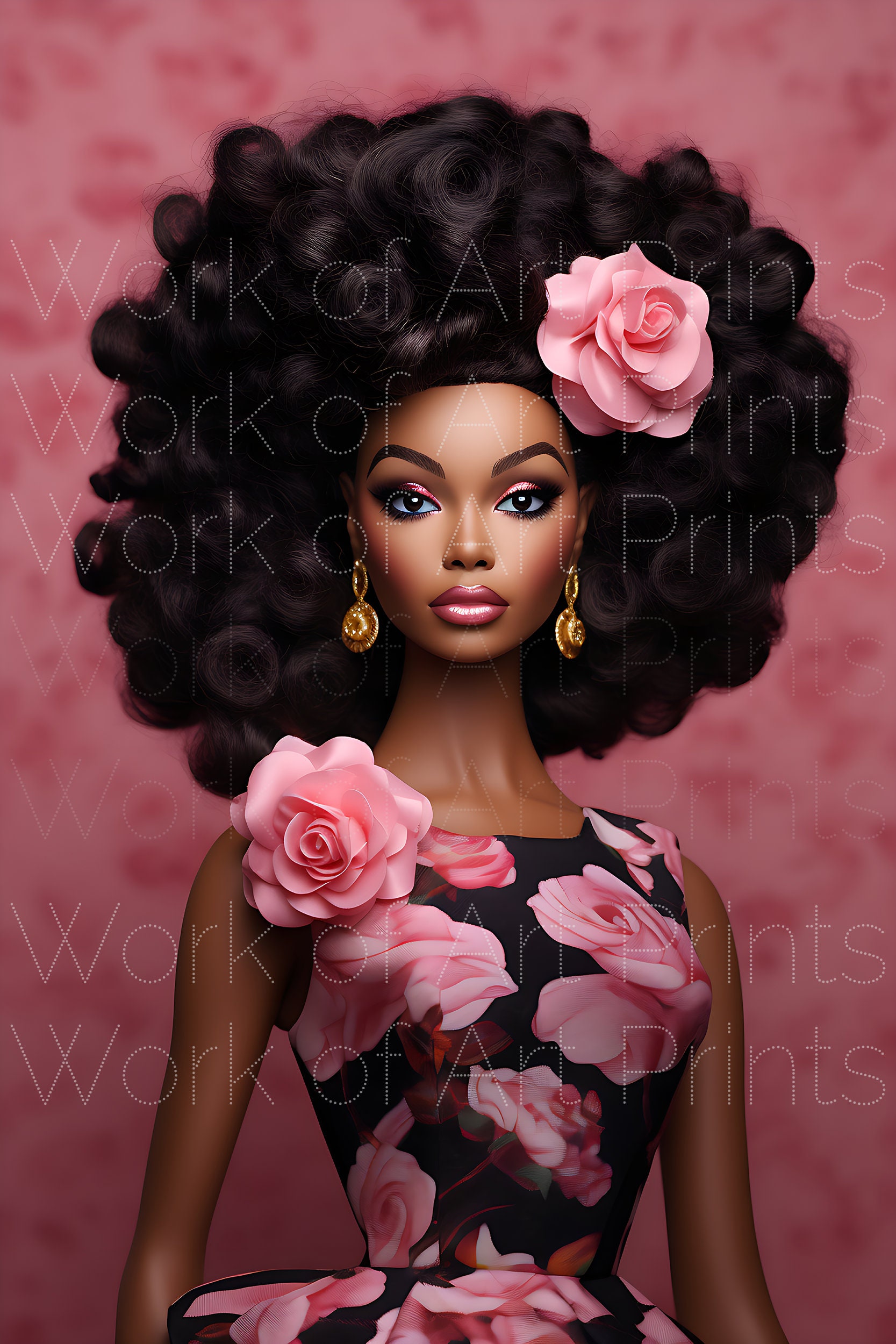 Black Barbie Poster Pretty in Pink Rose Afro Barbie Pink PNG Big Hair Dark Skin Doll Wall Art Women of Color African American Melanin Etsy
