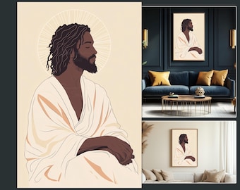Afrocentric Christ Line Art Print, Modern Spiritual Portrait (Digital Download)