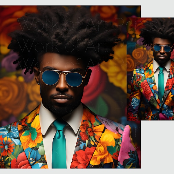 Black Man Beard Poster, Black Man in Suit Art, Black King with Curl Fro, Melanin Stock Photos, African American Male, Floral Suit, Handsome