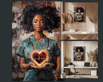 Black Nurse Art Print, Afrocentric Healthcare Decor (PNG Digital Download)