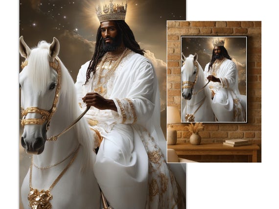 Black Jesus on White Horse Print, Afrocentric Christian Wall Art