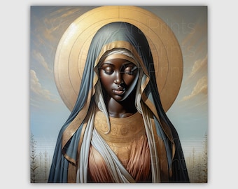 Black Madonna Wall Art, Afrocentric Virgin Mary Portrait Print, Sacred Religious Icon of African Woman, Spiritual Decor, Digital Download