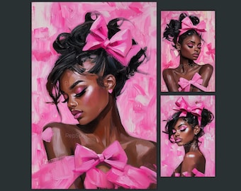 Afrocentric Wall Art Set, Coquette Black Girl Pink Bow, Soft Glam Printable (Digital Download)