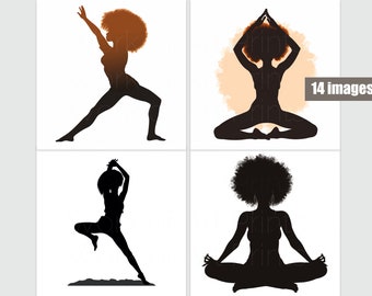 Afro Yoga Silhouette PNG Bundle, Black Women Graphics (Digital Download)