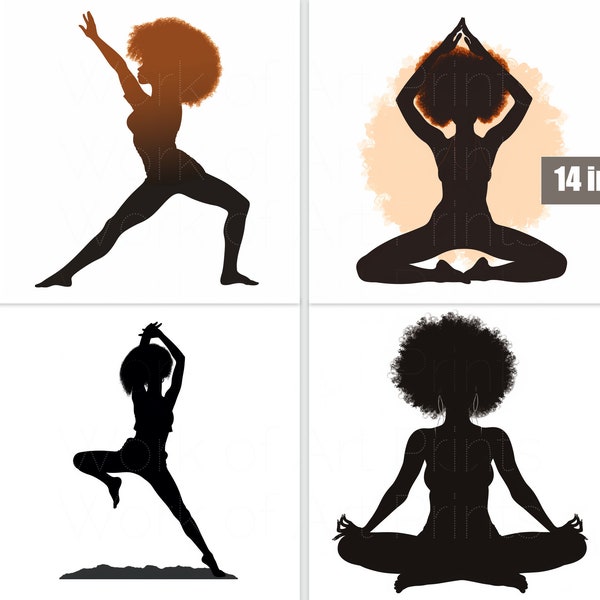 Afro Yoga Silhouette Bundle PNG, Black Woman Silhouette, African American Yoga Poses Clipart, Melanin Yoga Silhouette, Black Women Graphics