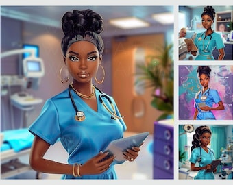 Black Nurse Art Print, African American RN in Blue Scrubs (PNG Digital Download)