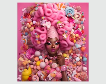 Afrocentric  Wall Art, Pink Candy Queen Art Print, Melanin Goddess Fantasy Poster (Digital Download)