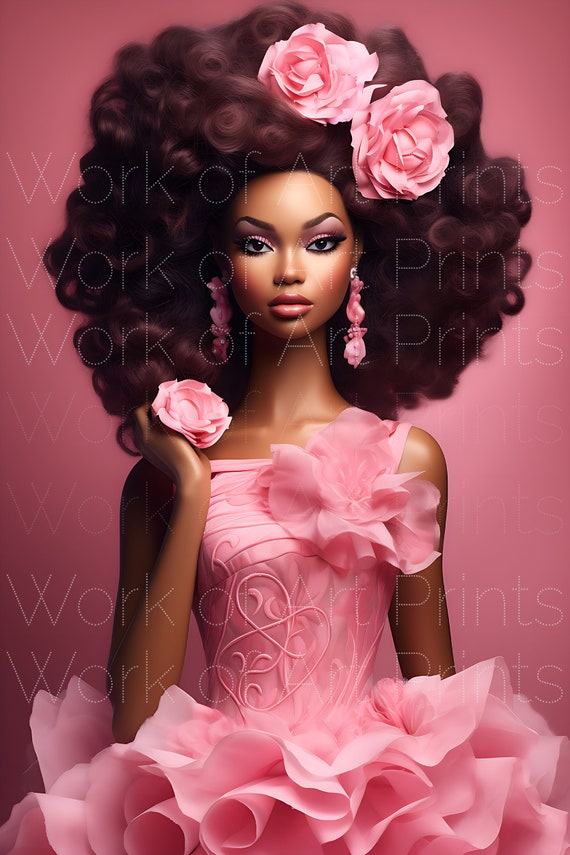 Poster di Barbie nera rose rosa PNG afro barbie rosa arte della parete di bambola con pelle scura e capelli grandi poster di donne di colore melanina afro americana Etsy Italia