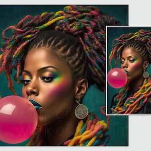May include: A woman with colourful braided hair blows a pink bubble. She is wearing colourful makeup and a black top. The background is a dark teal.