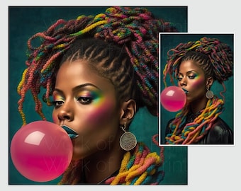 Black Girl Magic Natural Hair Candy Braids Salon Art Fashion Poster Africa American Bubble Gum Leather Jacket Printable Black Art WOC Makeup