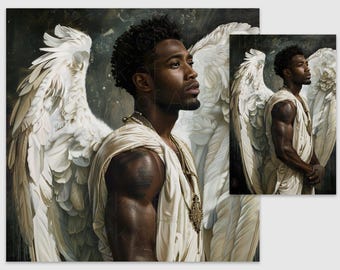 Black Male Angel Art, African American Angel Poster, Powerful Guardian Spirit Wall Decor, Digital Download, Afrocentric PNG Print