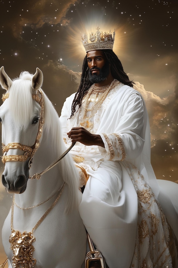 Black Jesus on White Horse Print, Afrocentric Christian Wall Art
