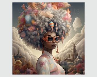 Afrocentric Wall Art, Surreal Black Woman Print, Whimsical Fantasy Portrait (Digital Download)