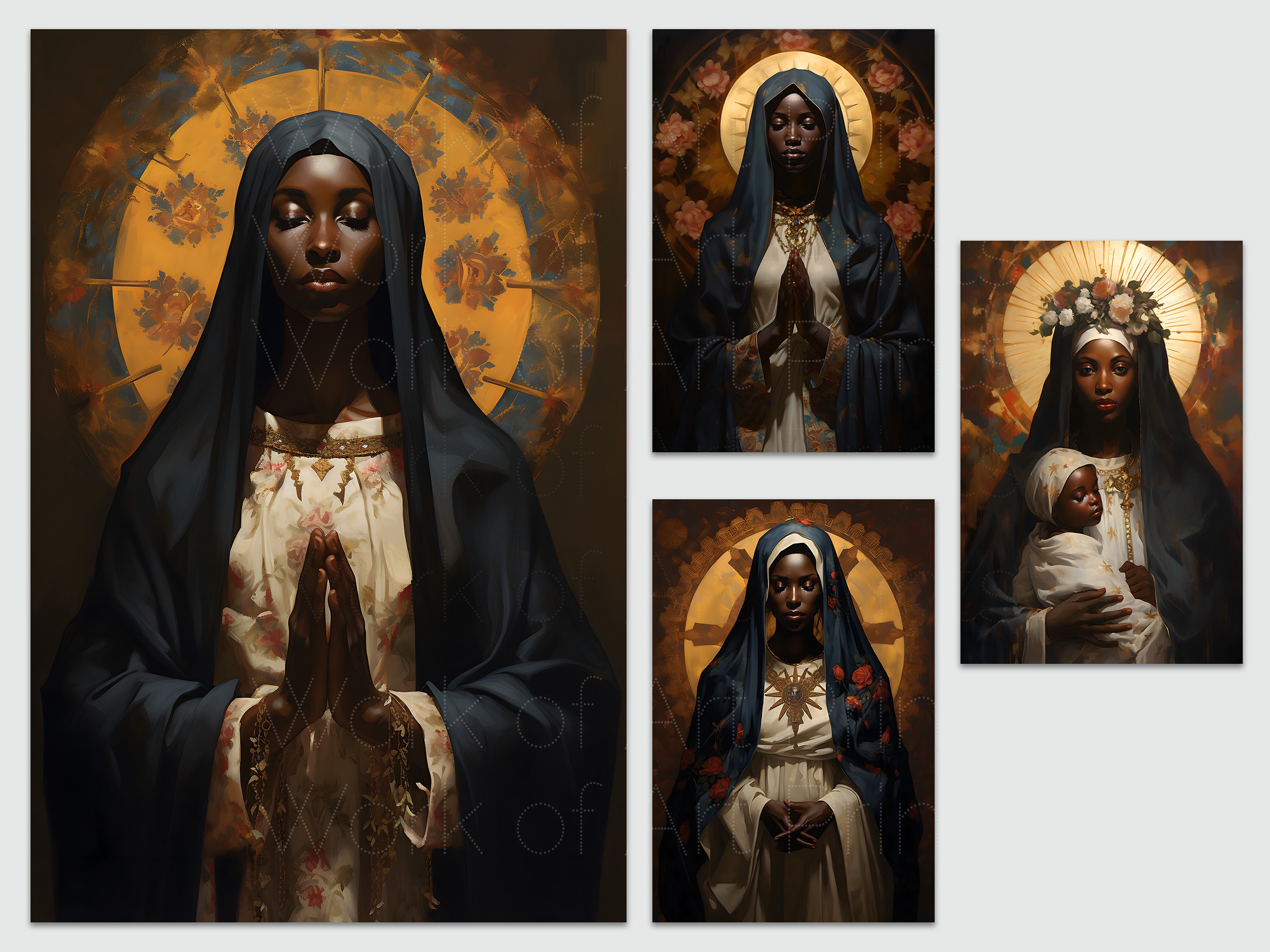 Schwarze Madonna mit Kind Wall Art Bundle, Afrozentrische Jungfrau Maria und Jesus Drucke, Schwarze Maria spirituelles Porträt, religiöses Dekor, Download