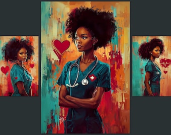 Black Nurse Art Print Set, Painterly Medical Portraits (Digital Download)
