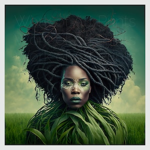 Afrocentric Nature Wall Art, Powerful Black Woman with Locs Portrait, Natural Hair Goddess Print, Earthy Feminine Decor, Digital Download