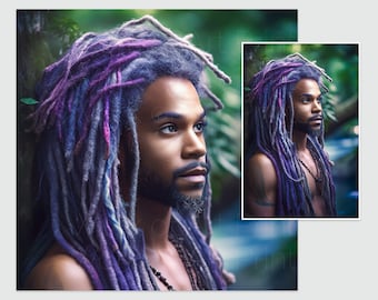Black Male Art Print | Portrait with Purple & Blue Dreads (Digital Download)