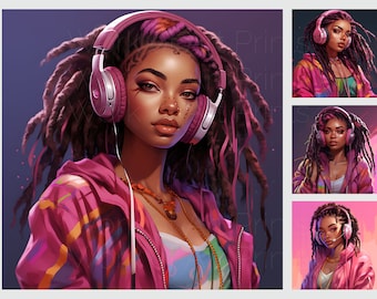 Black Girl with Locs Art Print, Pink Headphones, Melanin Magic (Digital Download)