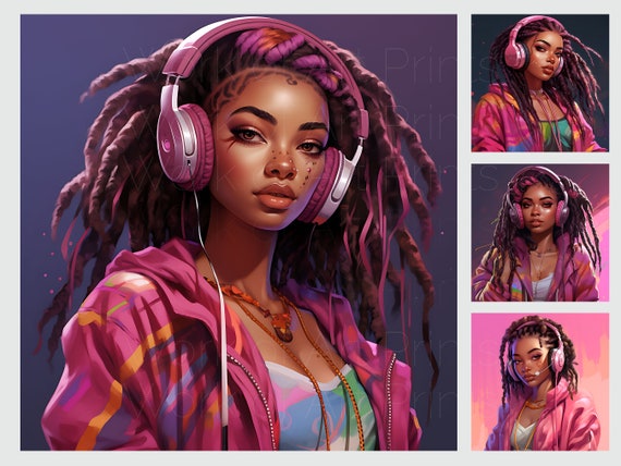 Black Girl With Locs Art Print, Pink Headphones, Melanin Magic