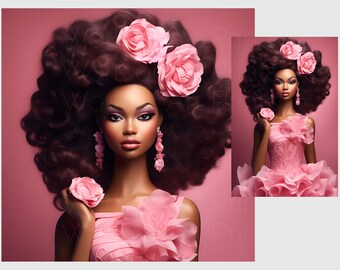 Afrocentric Fashion Wall Art, Pink Glam Black Woman Print, Curly Hair Beauty Portrait, Digital Download, Melanin Queen Decor
