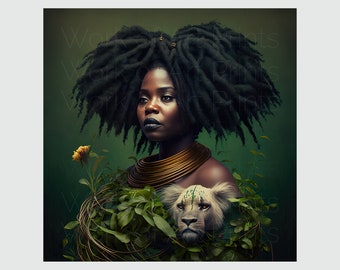 Black Woman Lion Art Print, Afrocentric Home Decor (Digital Download)