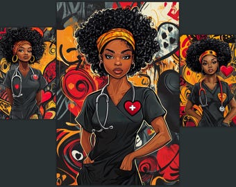 Pode incluir: Ilustração de uma enfermeira negra com uniforme preto, estetoscópio e faixa amarela. O fundo é um design em estilo grafite com corações e formas abstratas. A enfermeira tem um emblema em forma de coração com uma cruz.