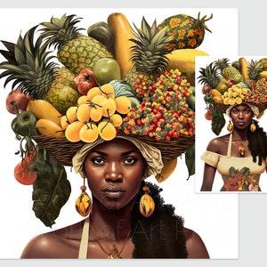 Afro Caribbean Wall Art, West Indian Woman with Fruit, Afrocentric Kitchen Decor, Caribbean Food Poster, Digital Download Print
