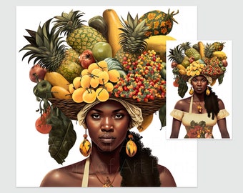 Afro Caribbean Wall Art, West Indian Woman with Fruit, Afrocentric Kitchen Decor, Caribbean Food Poster, Digital Download Print
