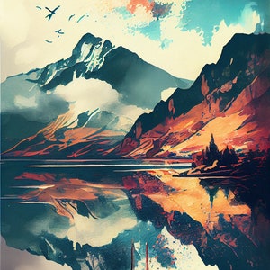 Watercolor Lakes Landscape Wall Art - Serene Nature Scene in Vibrant Colors for Home or Office Decor - High Quality Home Decor 077