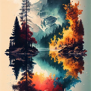 Watercolor Lakes Landscape Wall Art - Serene Nature Scene in Vibrant Colors for Home or Office Decor - High Quality Home Decor 094