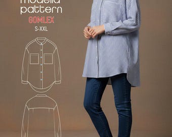 Cartamodello PDF per camicia oversize Gomlex, modello classico con bottoni, camicetta da donna fai da te, taglie S-XXL, video tutorial incluso.