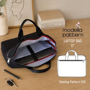 May include: A black laptop bag with two handles and a zipper closure, featuring a light blue interior lining and a black elastic strap. The text reads modella pattern LAPTOP BAG 17" Sewing Pattern Pdf, accompanied by a line drawing of the bag.