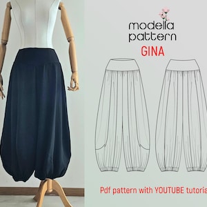 May include: A black and white line drawing of a pair of pants with a wide leg and a gathered elastic waistband. The drawing is labeled "modella pattern GINA" and "Pdf pattern with YOUTUBE tutorial".