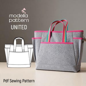 May include: A grey felt tote bag with bright pink trim and multi-coloured striped handles. The bag features side pockets and a metal charm. Next to it is a black and white line drawing of the bag design with the text modella pattern UNITED.