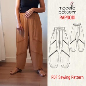 May include: A person wearing brown, wide-leg trousers with decorative stitching. The trousers have an elasticated waistband and are paired with sandals and a black top. The image also includes a pattern design with the text "modella pattern RAPSODI" and "PDF Sewing Pattern."