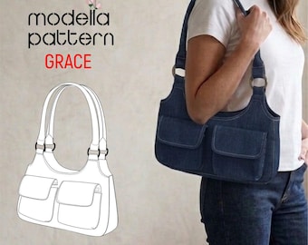 Patroon voor een Grace schoudertas, canvas tas met vakken, canvas draagtas, digitaal pdf-patroon, pdf-download, patroon voor een boodschappentas, tassjabloon