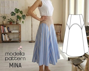 MINA Maxi Skirt Sewing Pattern PDF, Architectural Oval Yoke Panel Skirt, Color-Block Flared Skirt DIY, Size 34-42, Video Tutorial Included