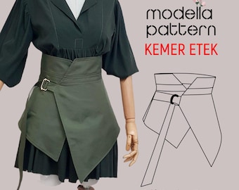 Kemer Etek Accessory Sewing Pattern PDF, Wrap Waist Belt Pattern, Asymmetrical Overlay Skirt DIY,  Video Tutorial Included- Size L-XL-2XL