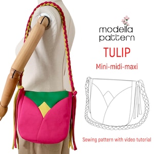 May include: A sewing pattern for a tulip-shaped bag with a braided strap. The pattern includes instructions for making a mini, midi, or maxi-sized bag. The pattern also includes a video tutorial. "Modela Pattern TULIP Mini-midi-maxi Sewing pattern with video tutorial"